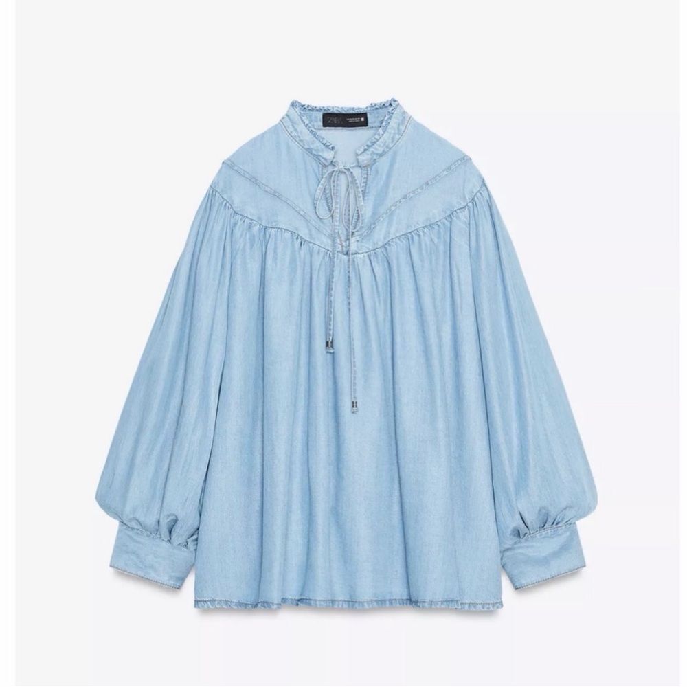 Zara Denim Blue Flowy Jeans Top(Size Large)
